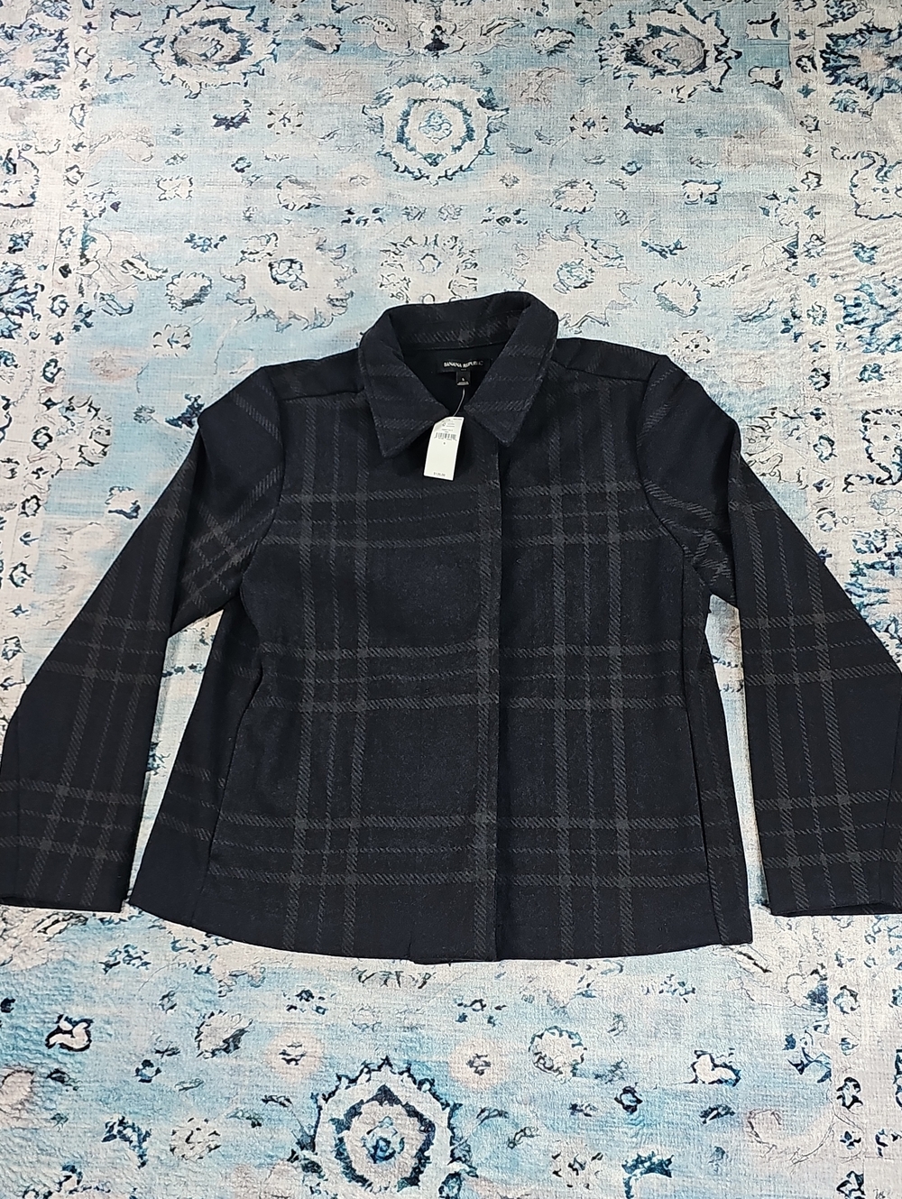 Banana Republic Womens Navy Blue Plaid Button Front Pleated‎ Back Jacket Size S